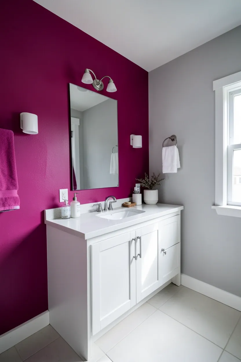 Magenta painted accent wall behind a bathroom vanity with white fixtures, bold vibrant pink focal point in a modern bathroom