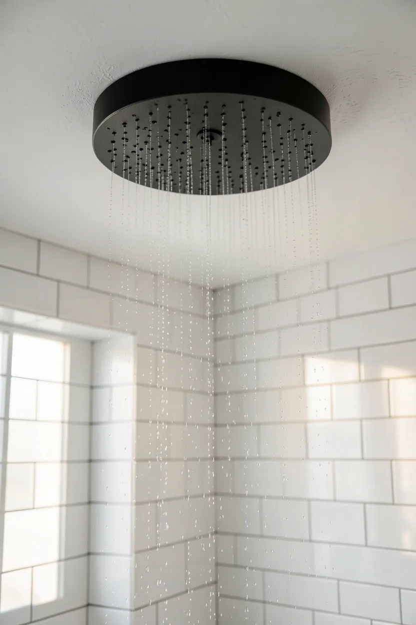Large ceiling-mounted rainfall shower head delivering wide water coverage in a modern tiled shower enclosure