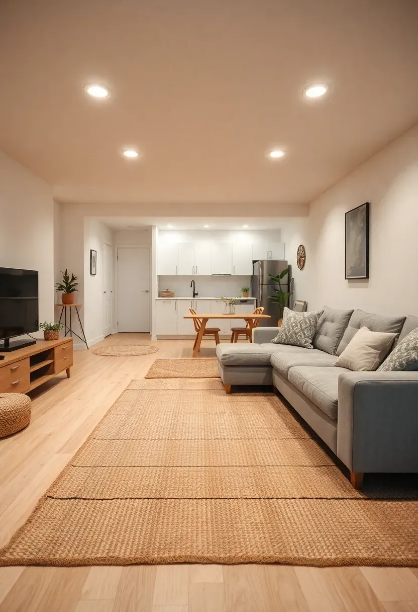 Open-plan basement apartment layout with a living area, dining space, and kitchenette separated by furniture placement and area rugs