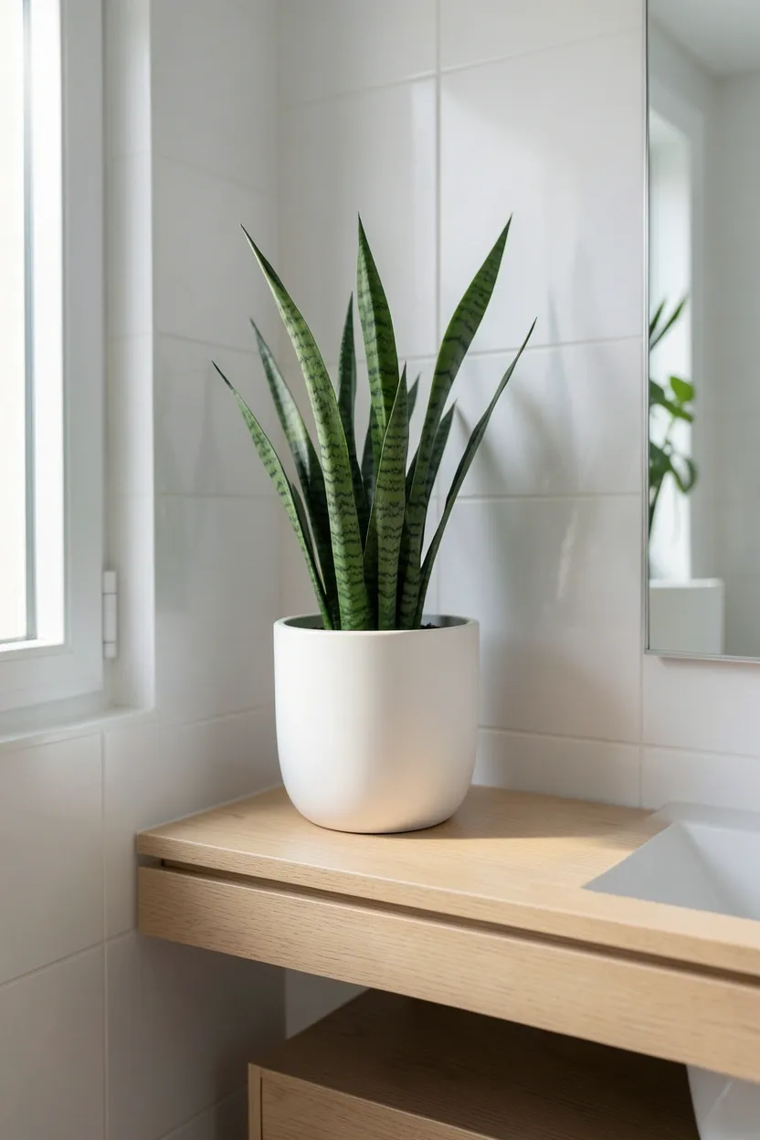 Potted snake plant in white matte ceramic pot on floating oak vanity shelf adding living green to a minimalist bathroom