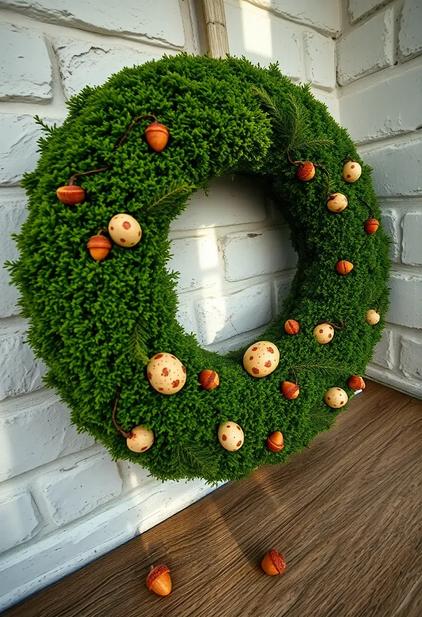 moss covered Easter wreath with speckled quail eggs and tiny mushroom accents