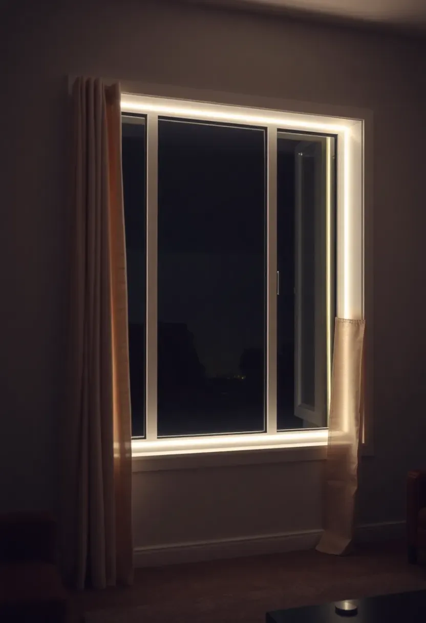 Hyper-realistic 3/4 view of minimalist living room window at night featuring LED perimeter lighting effect. Large rectangular window with concealed LED strips along interior frame edges creating soft glowing border effect. Dark night visible through glass. Light cream linen curtains pulled to sides. Warm white LED glow framing window opening. White walls, minimal room beyond. Materials: aluminum window frame, LED strip lighting, linen curtains. Architectural emphasis. Soft ambient glow. Shallow depth of field, sharp details on lighting effect and window frame. No text, no logos, no watermarks.</p>