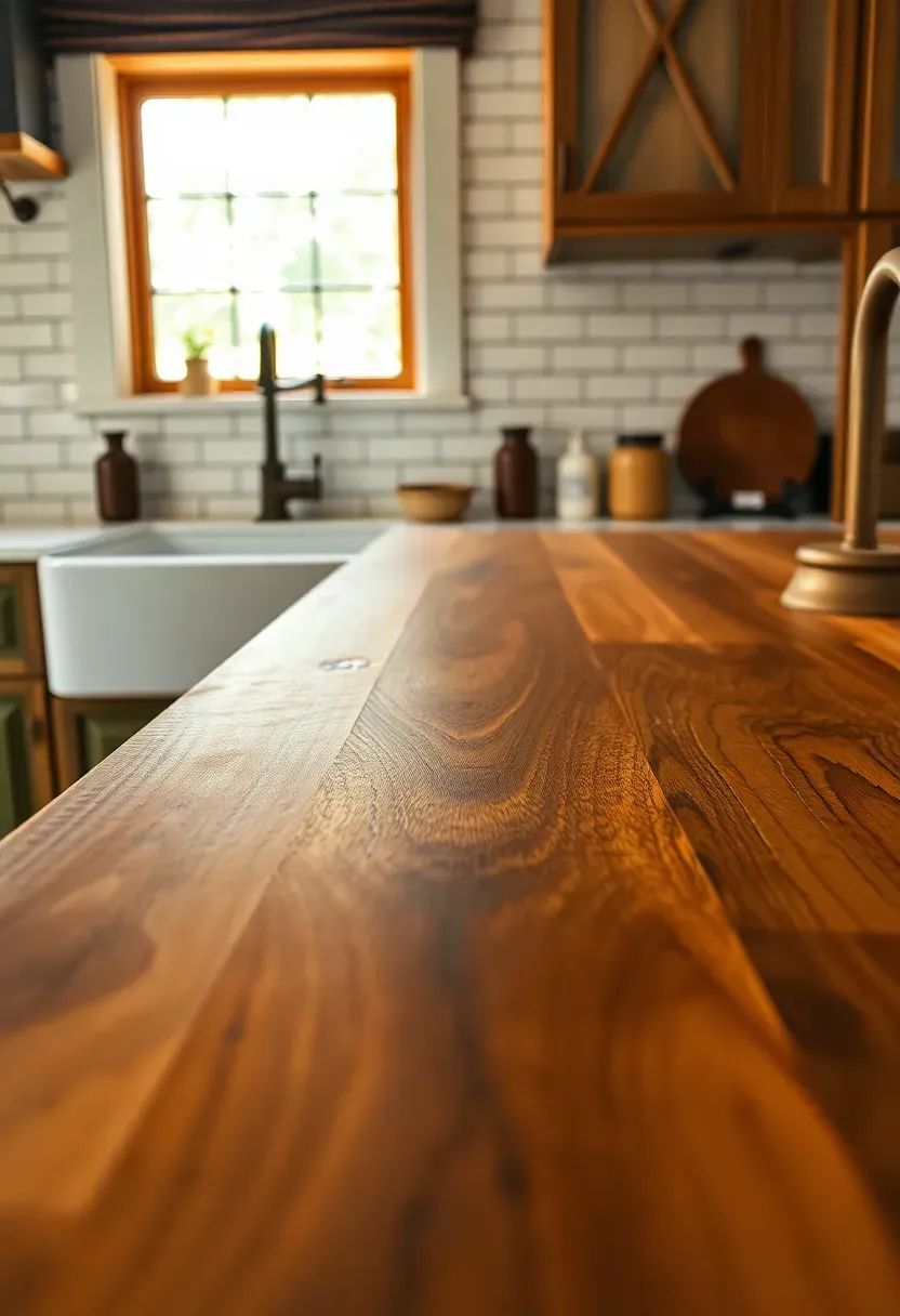 Hyper-realistic close-up view of butcher block countertop in rustic kitchen. Thick end-grain oak blocks (2 inches thick) showing varied wood grain patterns, natural oil finish. farmhouse sink and aged brass faucet visible. Materials: end-grain oak, brass fixtures, cream subway tile backsplash, reclaimed wood cabinets. Warm natural light from window, emphasizing wood grain and brass warmth. Shallow depth of field showing wood texture and butcher block details. Warm wood countertop mood.</p>