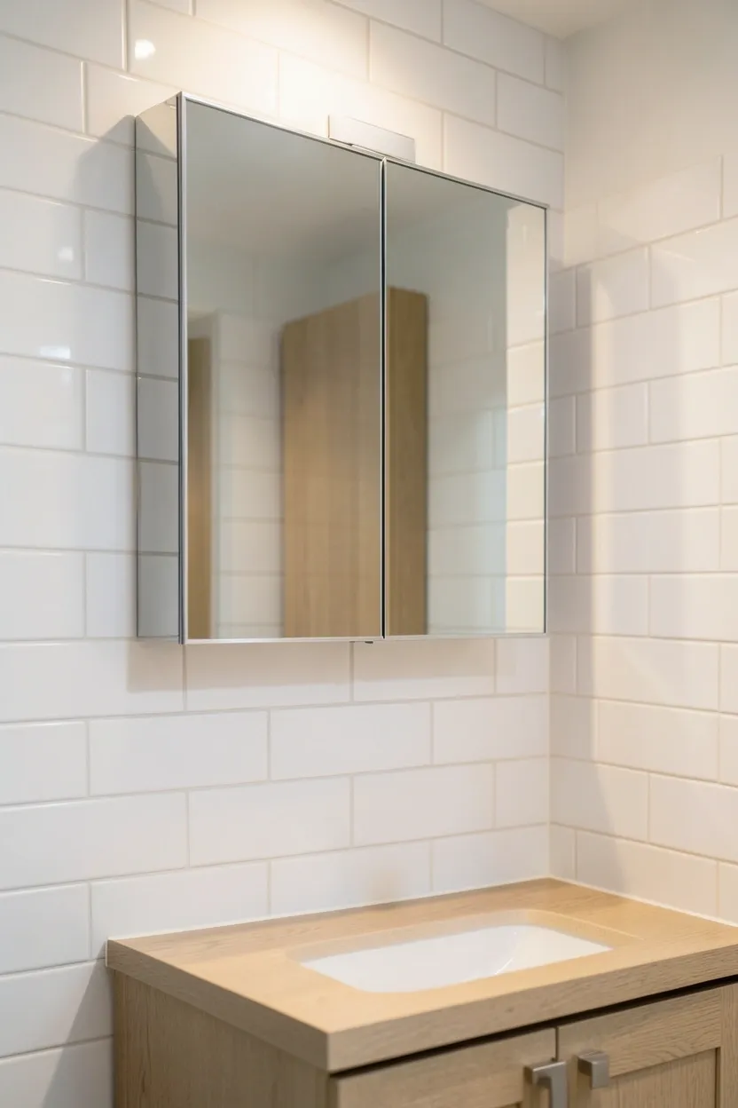 Recessed frameless mirrored medicine cabinet flush with white subway tile wall above light oak floating vanity