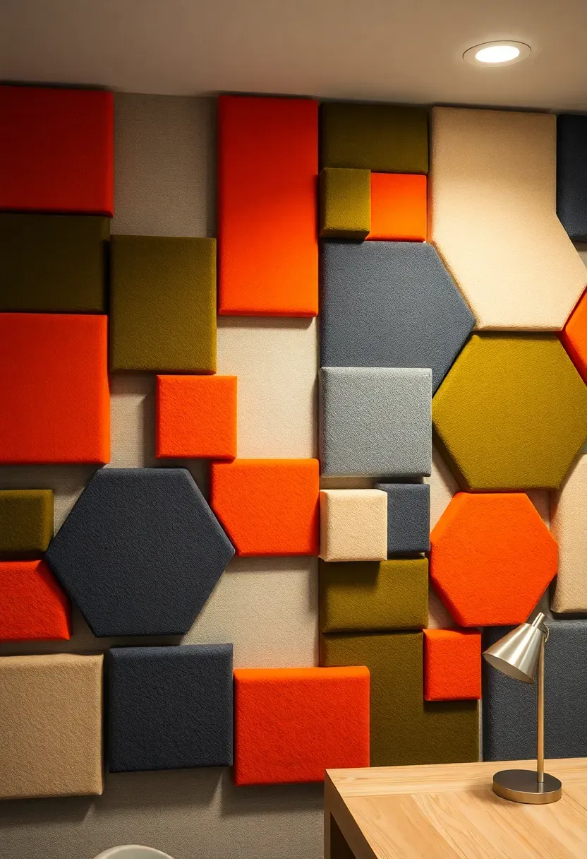 Windowless basement office with colorful felt acoustic panels on the wall in a geometric pattern