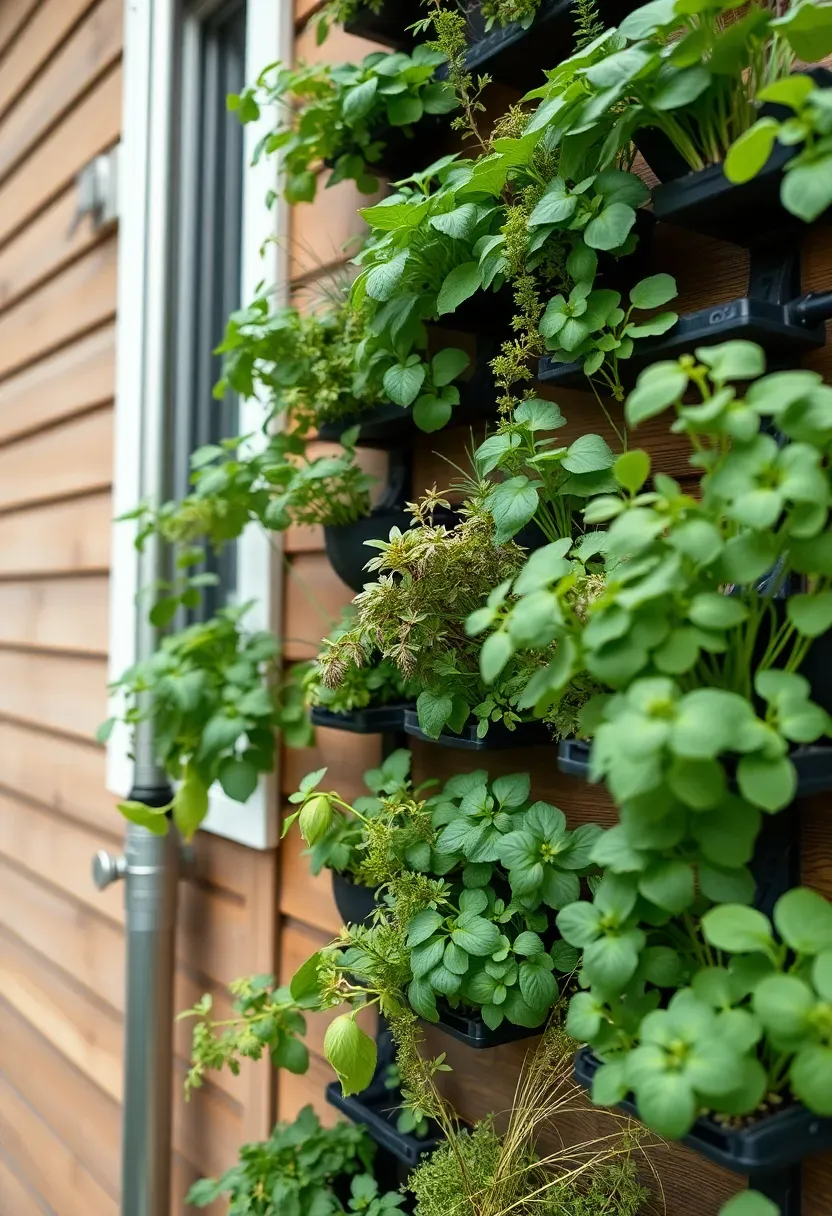 Hyper-realistic detail view of vertical garden wall on exterior of modern tiny house. Materials: modular planting system with varied herbs and greens, wood siding, metal irrigation system visible. Natural daylight, slight overcast for even lighting. Living composition showing plant variety and system details. Focus on texture and color of living wall. Shallow depth of field. No text, no logos, garden and lifestyle magazine style.</p>