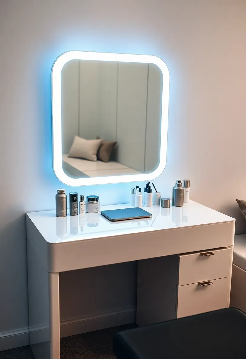 high-tech smart mirror vanity with backlit LED display and digital features