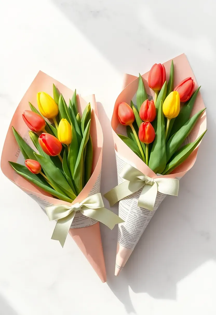 newspaper cone bouquet wraps with floral tissue lining holding spring tulip bunches for gifting