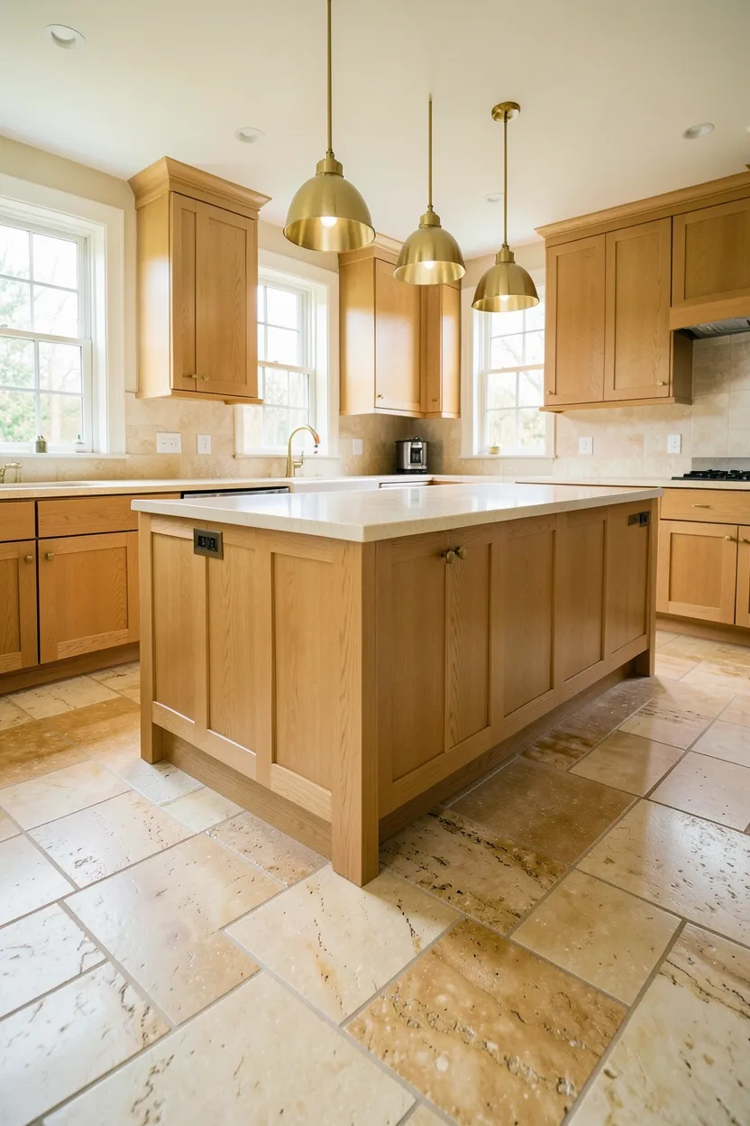 Hyper-realistic wide shot of a fall kitchen with natural stone flooring. Large format travertine stone tiles in warm honey and cream tones with natural veining cover the floor. Warm beige grout blends seamlessly with tile surface. Light oak shaker cabinetry throughout. Large island in same oak with waterfall edge. Brass hardware. Warm cream quartz countertop. Three brass pendant lights over island. Natural light from windows. Clean surfaces. No text, no logos, no watermarks.</p>