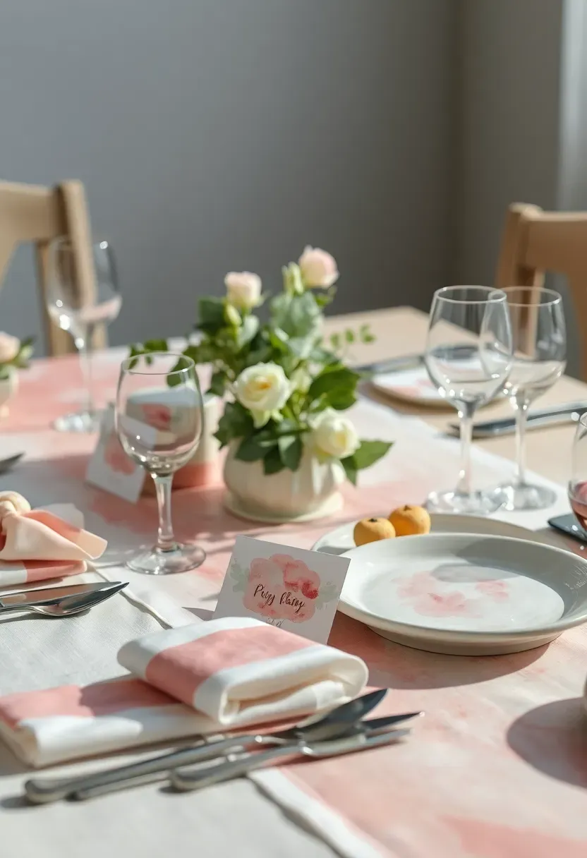 watercolour themed baby shower table with painted place cards soft pastel washes and art supplies