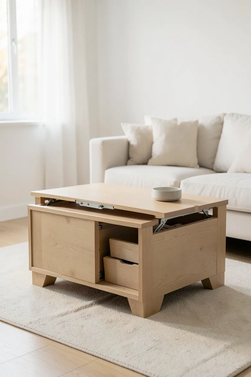 Light oak lift-top coffee table with hidden storage in a minimal Scandinavian apartment living room
