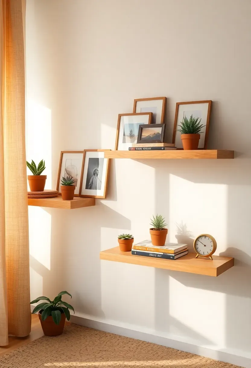 Three staggered floating wooden shelves on a white wall displaying a mix of small framed art, potted succulents, books, and a brass clock