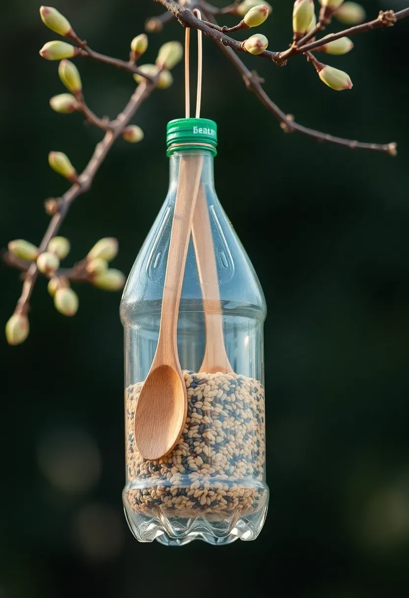 bird feeder made from a recycled plastic bottle with wooden spoon perches hanging in a tree