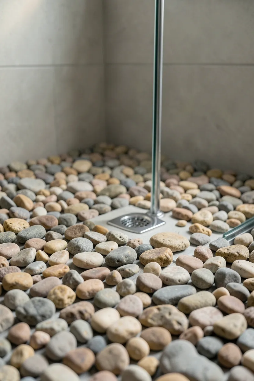 Natural river pebble shower floor in light gray grout inside frameless glass shower enclosure with chrome drain