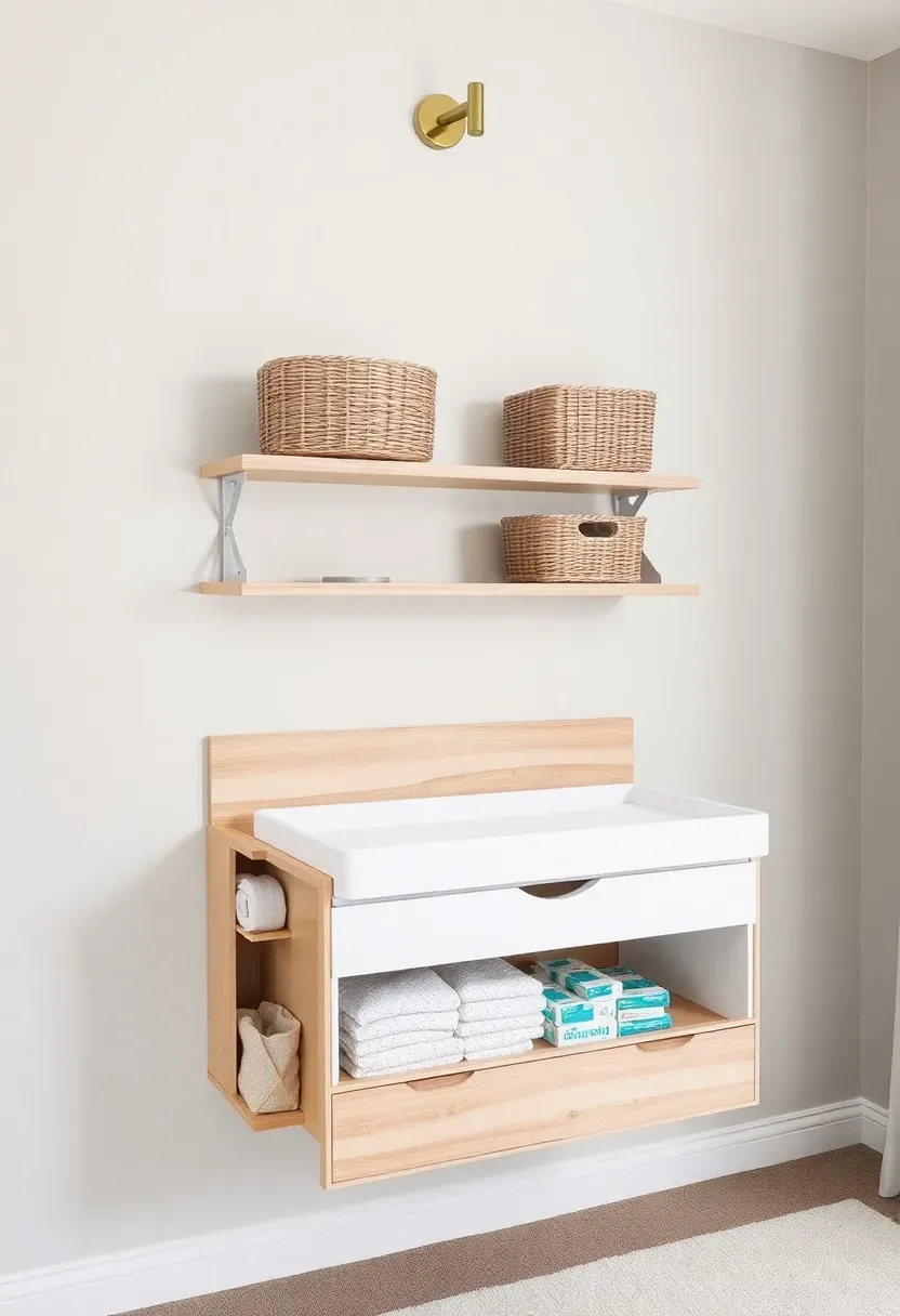 Wall-mounted fold-down changing station with integrated storage bins in a compact parent bedroom nursery corner — no drilling renter option