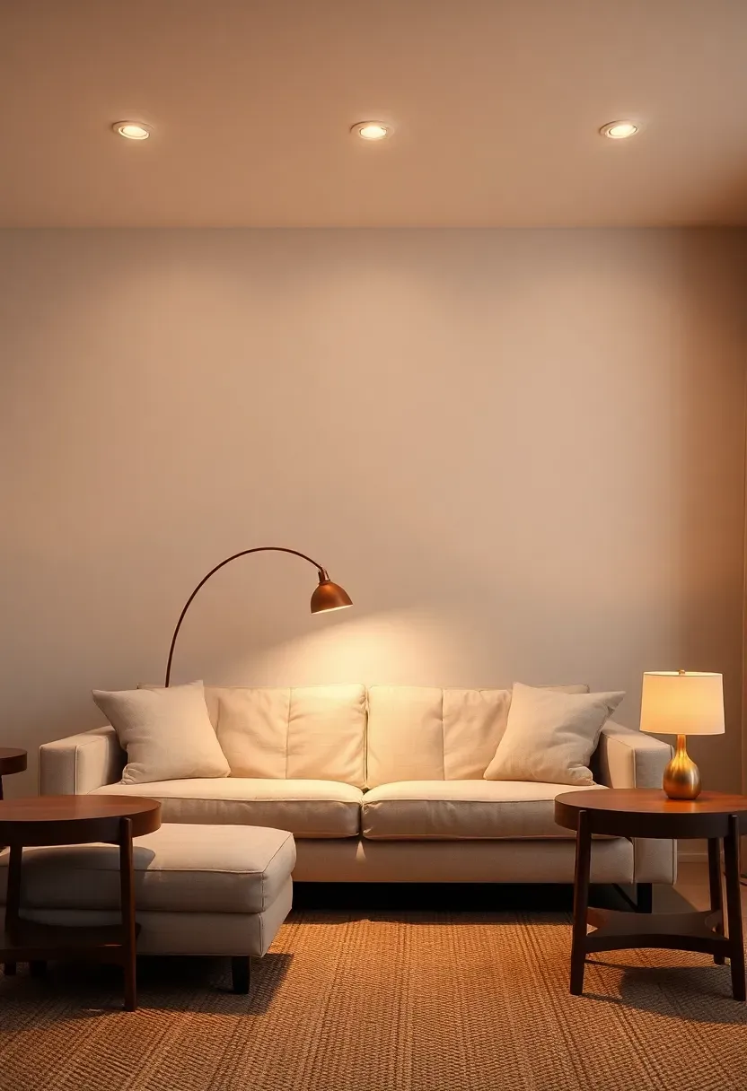 Living room with three layers of lighting: recessed ceiling spots, floor lamps flanking a sofa, and warm LED strips behind a TV console in a neutral modern interior