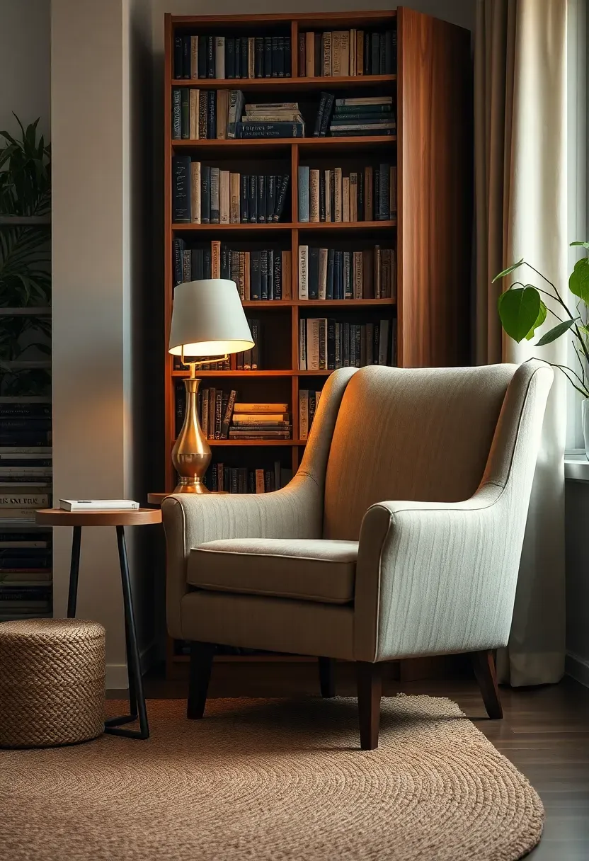 Hyper-realistic 3/4 view of comfortable beige armchair with side table and lamp, tall narrow bookcase behind stacked with books, rug underneath, part of room with plant visible. Materials: linen upholstery, wood bookcase, matte books, brass lamp, jute rug. Warm lamplight with soft ambient fill from nearby window (golden hour). Shallow depth of field focusing on chair, sharp details, cozy inviting mood, visible room context. No text, no logos, no watermarks.</p>