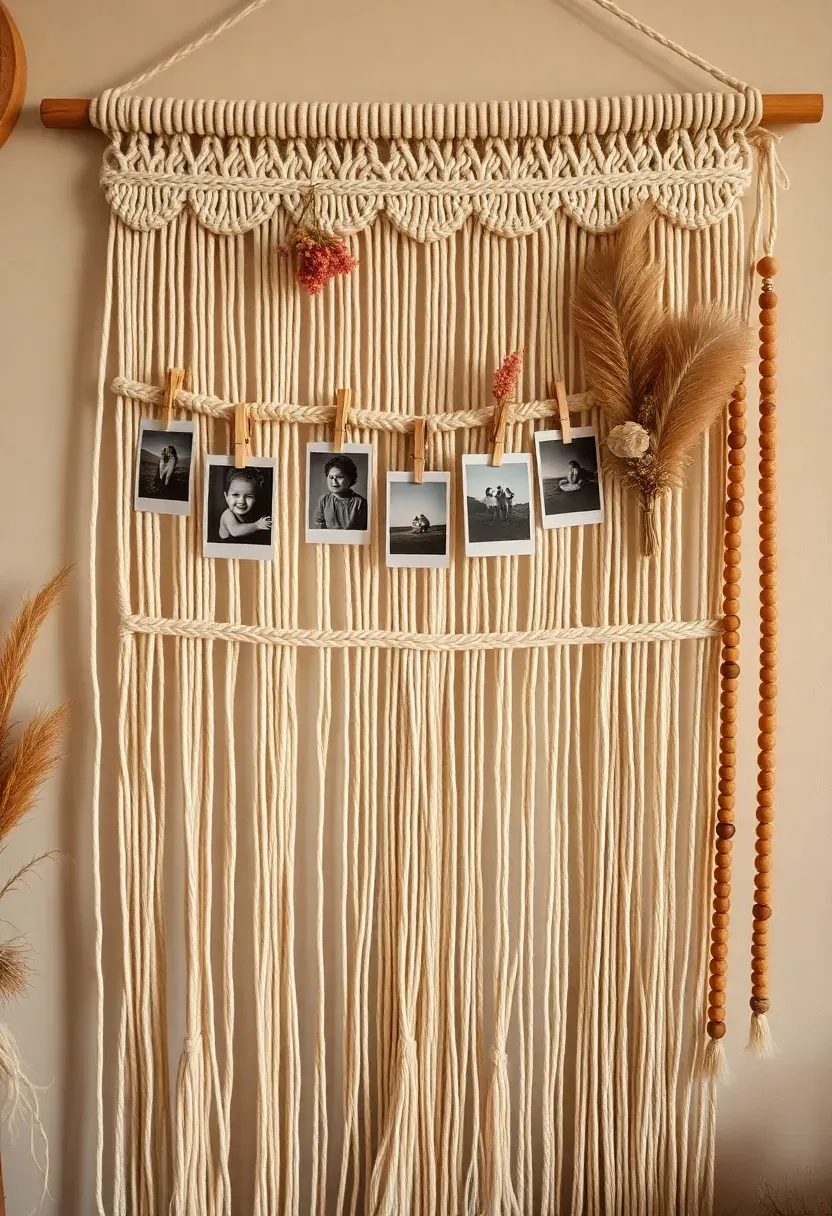 bohemian macrame photo backdrop at a baby shower with a large woven wall hanging polaroid photos clipped to strings dried flowers and wooden beads