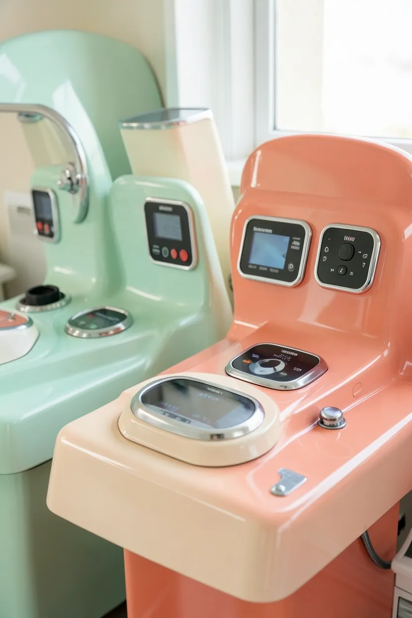 Pale mint enamel refrigerator and range in a modern vintage kitchen — retro appliance colors with contemporary energy efficiency