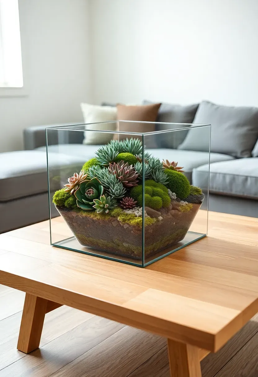 Hyper-realistic close-up view of geometric glass terrarium on low wood coffee table. Terrarium is large cube (16 inches each side) with various small succulents and mosses inside—aeonium, echeveria, sedum, sheet moss. Plants arranged with spacing, not crowded. Rest of table surface empty. Light wood floor, gray sofa visible in background. White walls. Natural light from side window creates subtle reflections on glass. Materials: clear glass, wood table, varied succulent forms and colors. Focused minimalist mood where single contained ecosystem creates living sculpture on table.</p>
