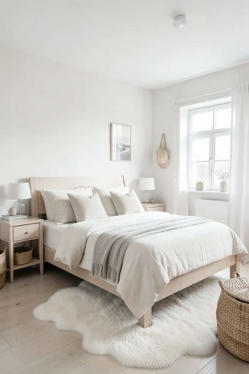Monochromatic Scandinavian rustic bedroom in varying shades of white, cream, and warm gray with natural wood accents and textured linen