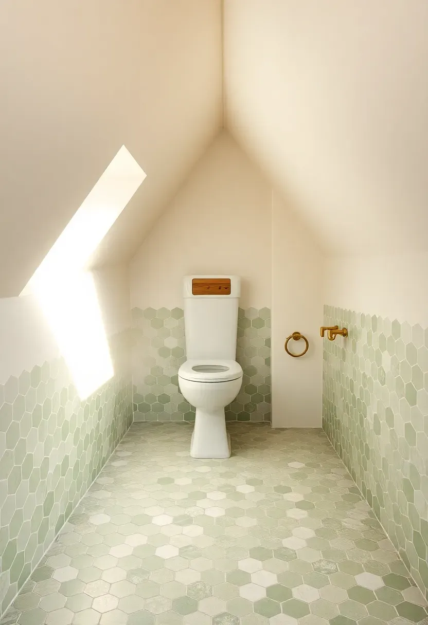 Attic bathroom floor covered in matte sage green and white hexagonal tiles, wall-hung toilet on the flat end wall, sloped white ceiling, and brushed brass towel ring