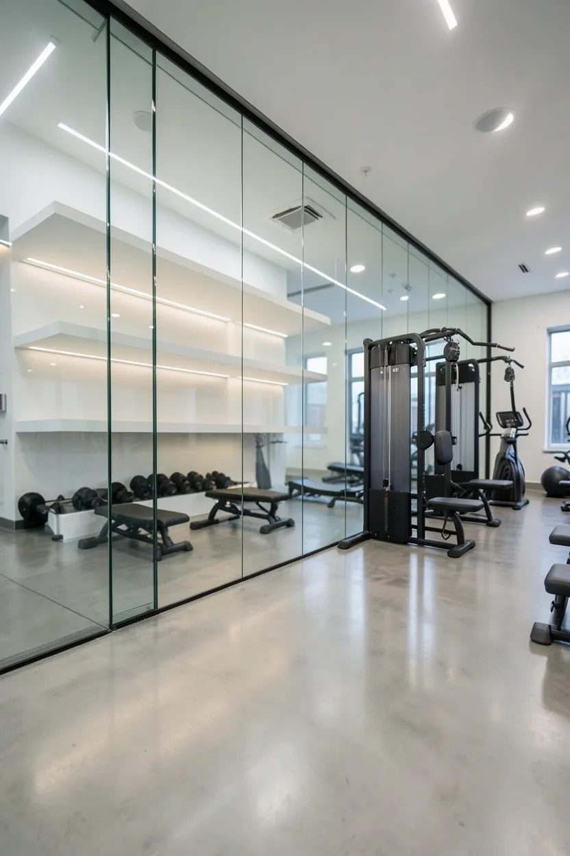 Modern home gym with floor-to-ceiling glass walls, polished concrete floor, recessed LED lighting, and floating white shelves