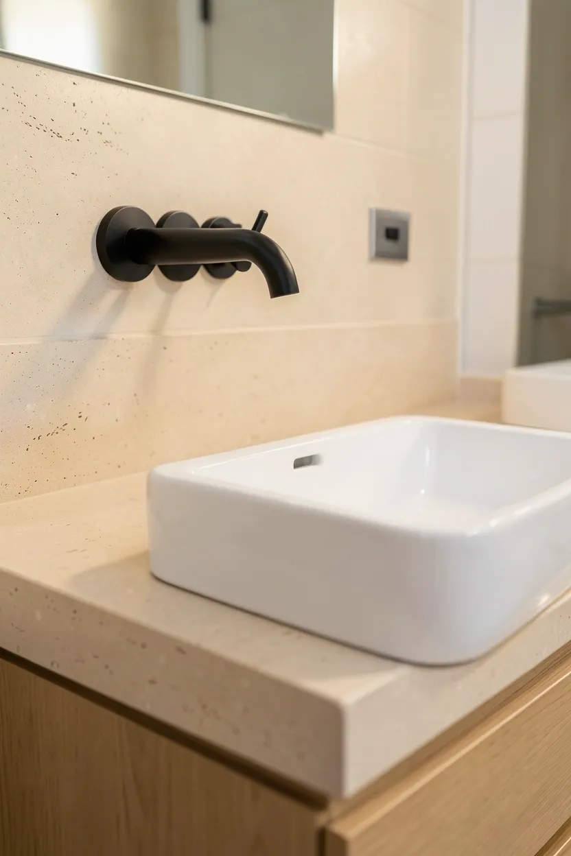 Matte black wall-mounted faucet over a vessel sink on a minimalist bathroom vanity