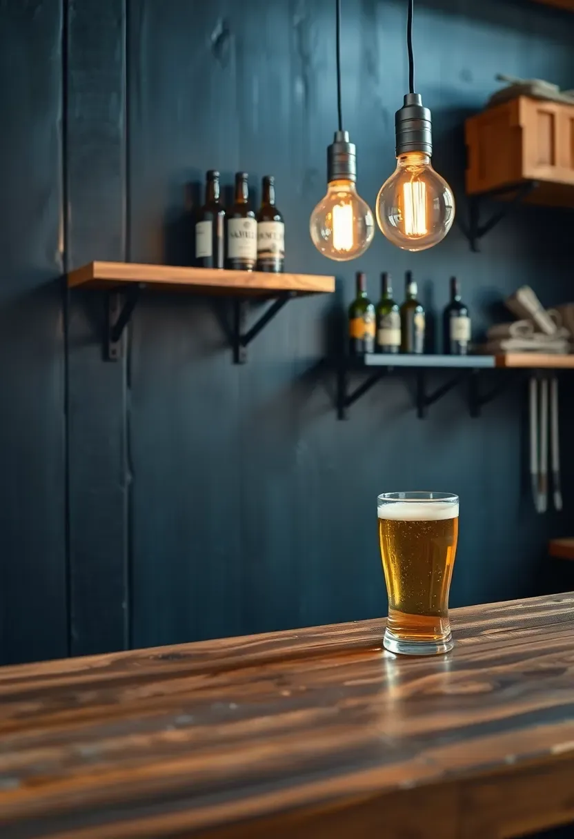 blackened steel panel backsplash with riveted seams behind an industrial home bar with pipe shelving