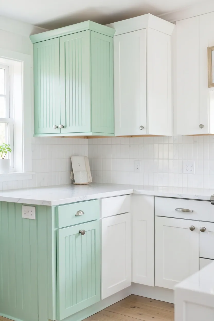 Mint green beadboard lower cabinets with white marble countertop and subway tile backsplash — beach cottage kitchen in soft pastel hues