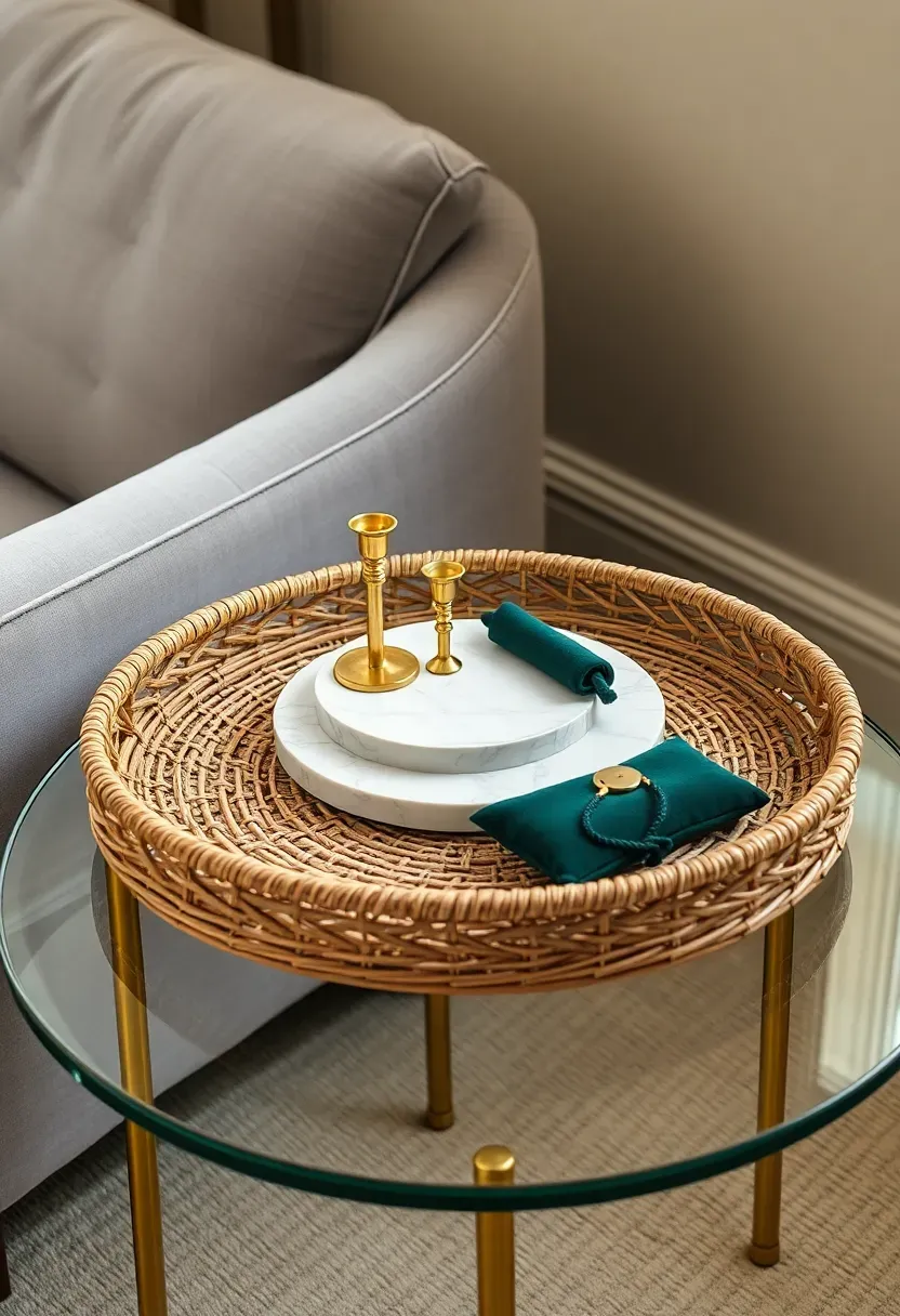 Mixed material woven tray combining rattan with brass accents, marble coasters, and a velvet pouch on a glass side table