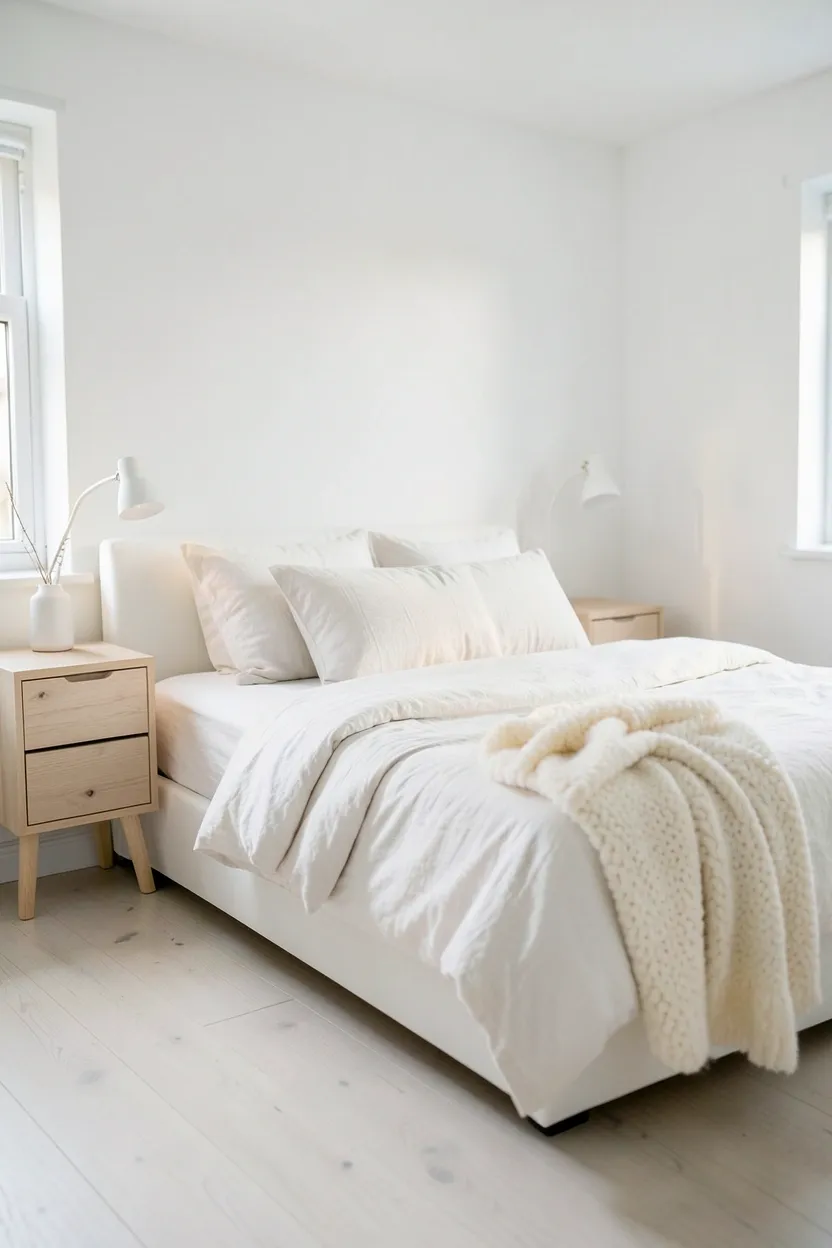 Scandinavian white bedroom with low-profile platform bed, pale oak furniture, white wool throw, and sheepskin rug at bedside