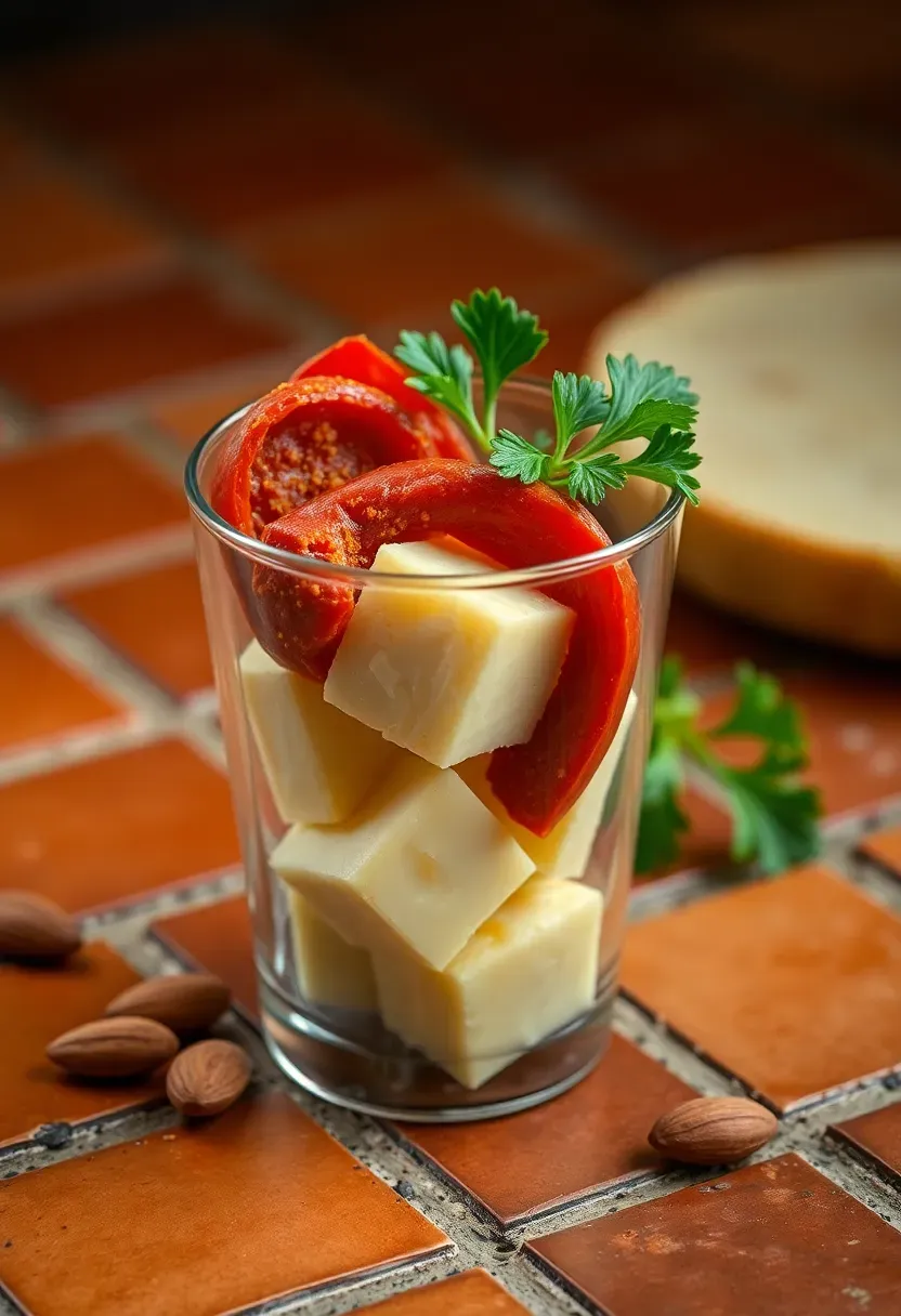 Spanish tapas charcuterie cup featuring chorizo, manchego cheese and roasted peppers