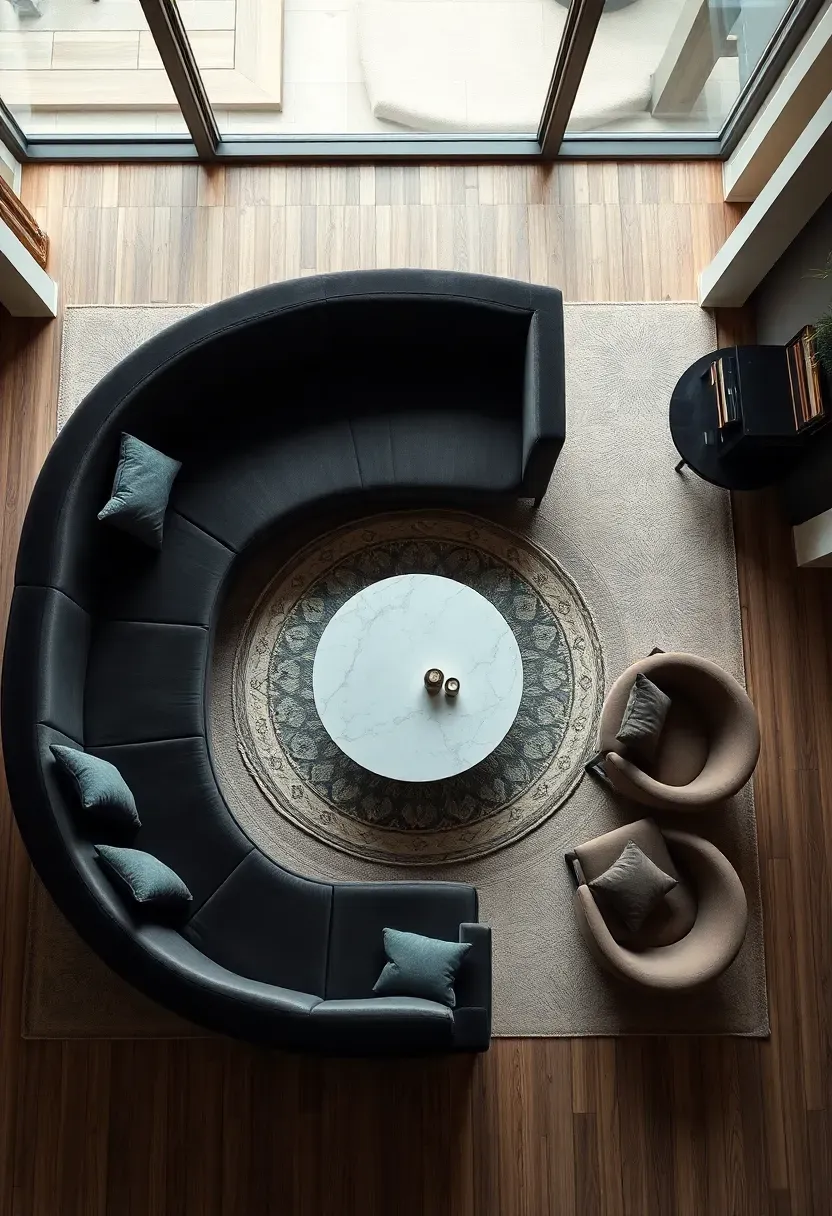 Hyper-realistic top-down view of living room with curved furniture silhouettes. Materials: camelback curved velvet sofa in charcoal, round marble coffee table, circular rug defining seating area, curved accent chair. Rectangular room perimeter visible creating contrast. Organic shapes bringing softness and grace to linear architecture.</p>