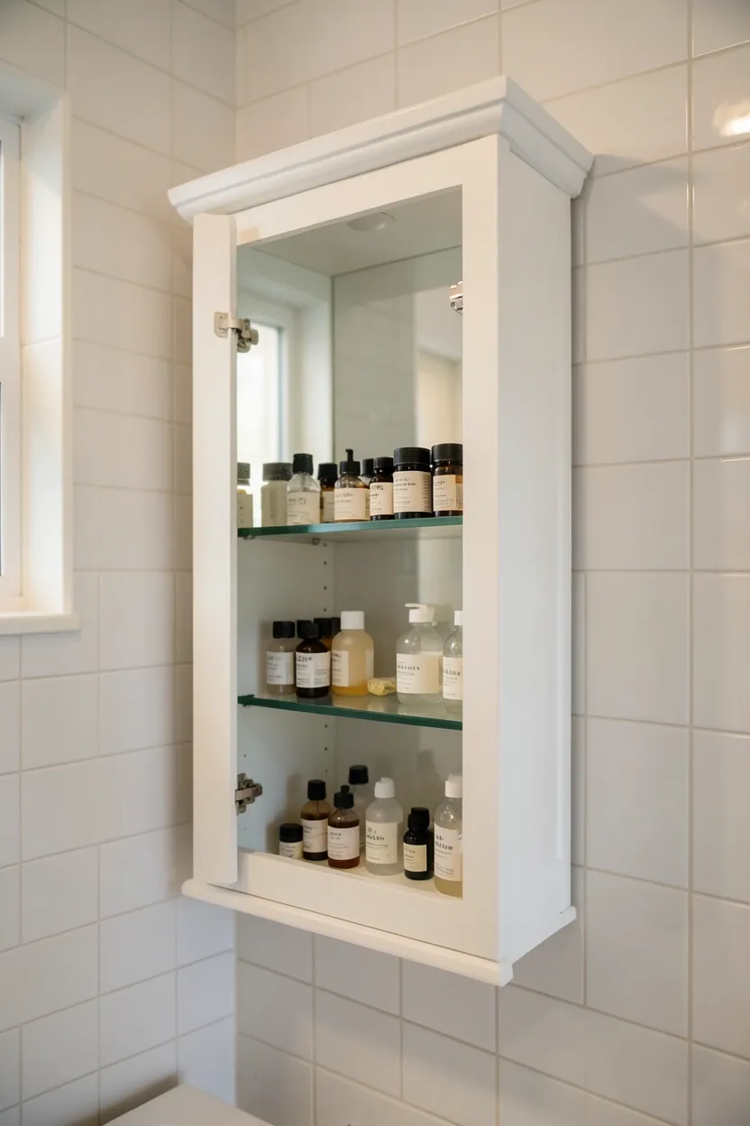 Surface-mounted medicine cabinet with mirrored door in a rental apartment bathroom for hidden storage