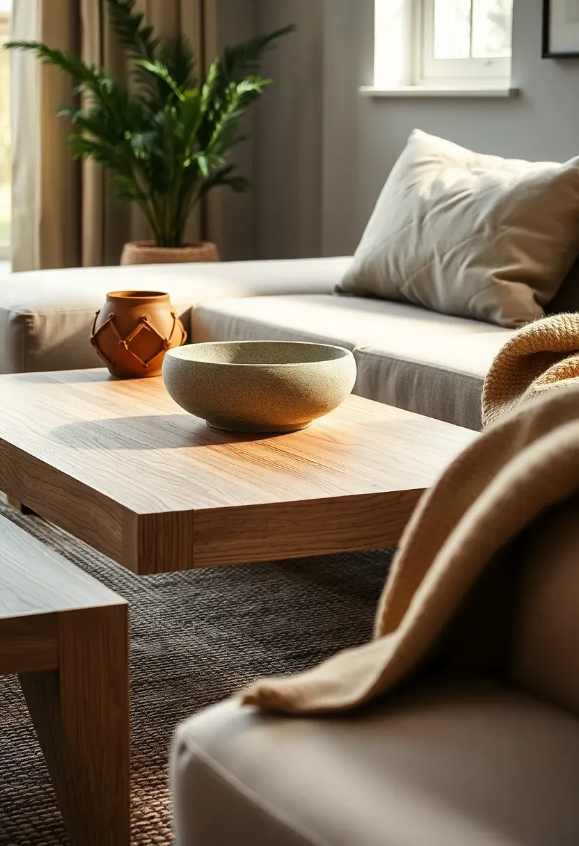 Hyper-realistic detail shot showcasing natural material palette in minimalist living room. Materials: light oak wood coffee table with visible grain, rough linen sofa fabric, unpolished stone accessory bowl, leather-wrapped plant pot, jute rug texture, cotton throw blanket. Natural window light highlighting material textures and natural variations. Warm neutral tones focusing on material authenticity rather than color. Sharp focus on material details and natural imperfections. Visible room context with uncluttered surfaces. No text, no logos, no watermarks.</p>