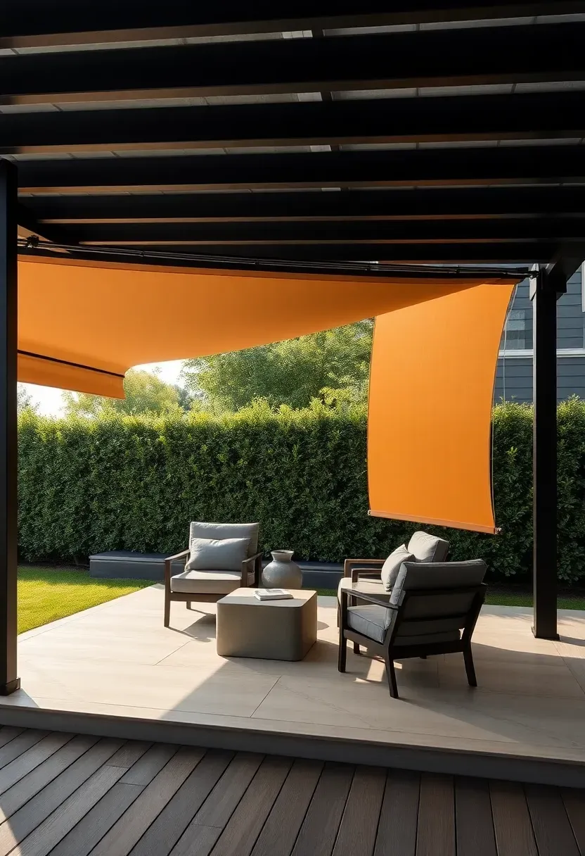 Black powder-coated metal pergola frame with retractable tan canvas canopy over a modern patio with lounge chairs