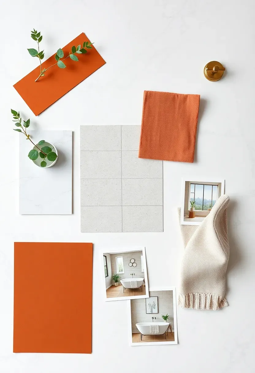 Bathroom style mood board with warm neutral color swatches, rattan and stone material samples, and 2026 palette direction laid out on a white surface