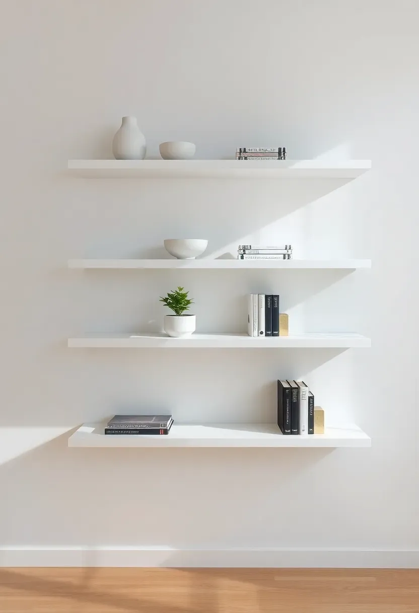 Hyper-realistic straight-on view of white floating shelves with minimalist intentionally arranged objects. Materials: matte white floating shelves, neutral ceramic objects (vase, bowl), small plant in white pot, 2-3 carefully stacked books per shelf, brass bookends. Each shelf has only 3-4 items with generous spacing between. Natural light from side window casting subtle shadows showing shelf depth from wall. White walls, light wood floor below. Sharp focus on shelf contents and spacing. Visible room context showing uncluttered wall. No text, no logos, no watermarks.</p>