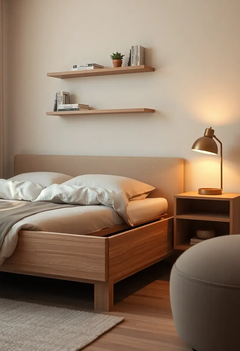 Small bedroom showing under-bed storage drawers pulled out, floating wall shelves above the headboard, and a clear, uncluttered floor and dresser surface