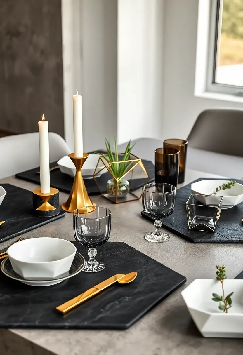Modern geometric tablescape with angular vases, hexagon placemats, metallic accents, and architectural candle holders