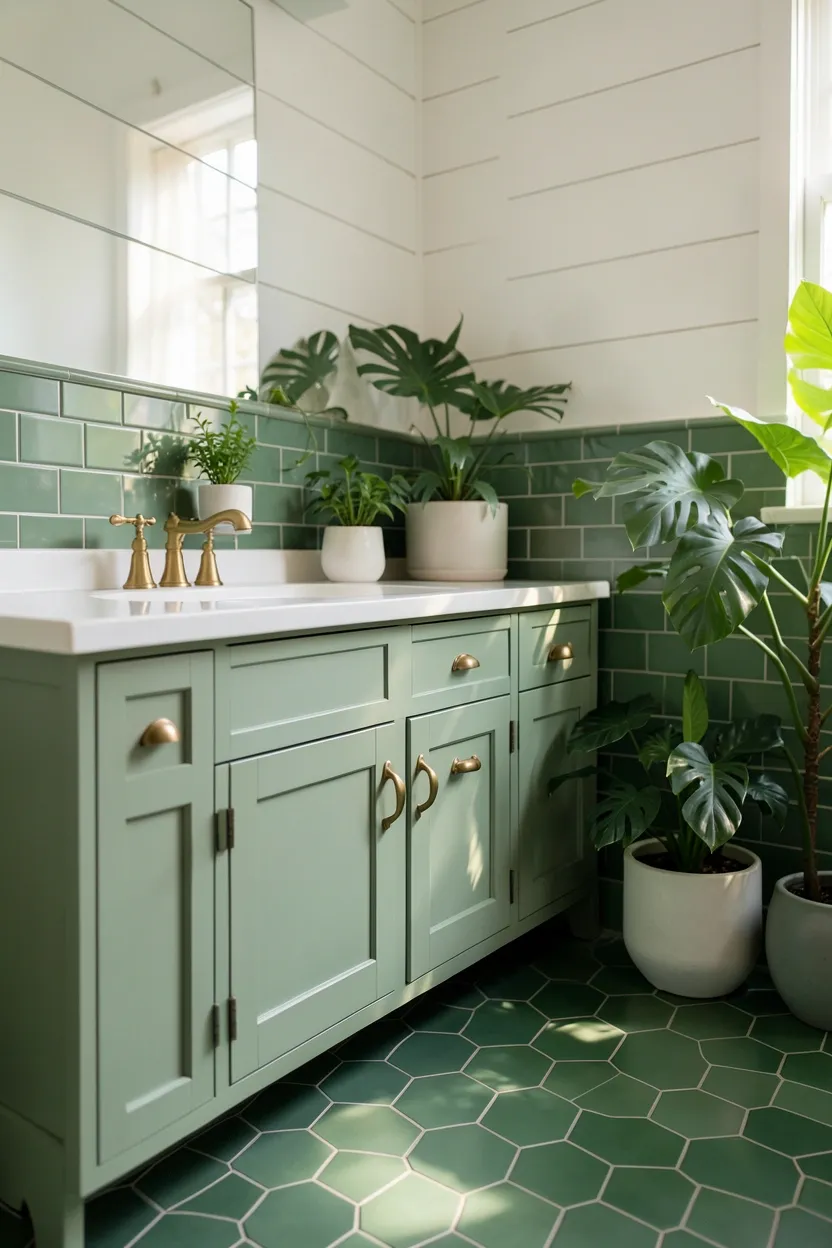 Nature-inspired sage green Bloxburg bathroom with brass hardware, hanging plants, and hexagonal floor tiles