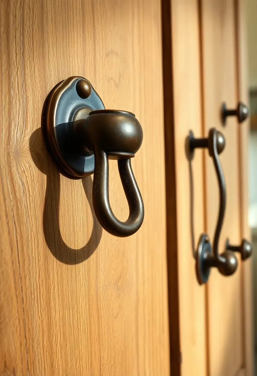 Hyper-realistic eye-level close-up of vintage hardware on reclaimed wood cabinet doors. Oil-rubbed bronze cup pulls and knobs with visible aging, slight patina, and handcrafted irregularities. Weathered wood cabinet doors with visible grain and natural distressing. Creamy white wall visible in background, warm natural light creating soft shadows on hardware pulls. Subtle dust accumulation in pull crevices showing authentic use. Materials: oil-rubbed bronze, reclaimed oak, creamy white paint. Authentic rustic mood with handcrafted detail. Visible kitchen context - cabinet door showing hardware installation, adjacent cabinet with matching pulls. No text, no logos, no watermarks. Negative prompt: 