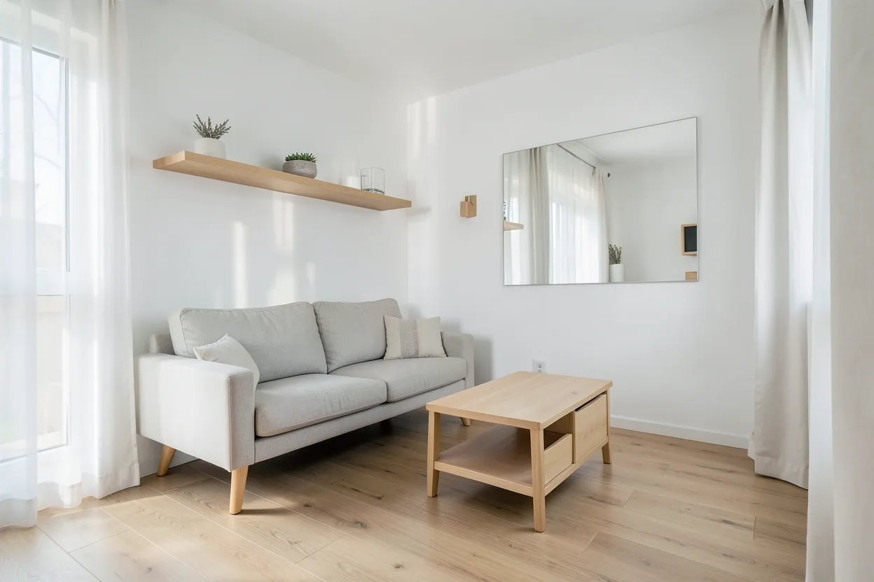 Small Scandinavian living room in a rental apartment with white walls, light oak furniture, and natural light maximizing tiny space
