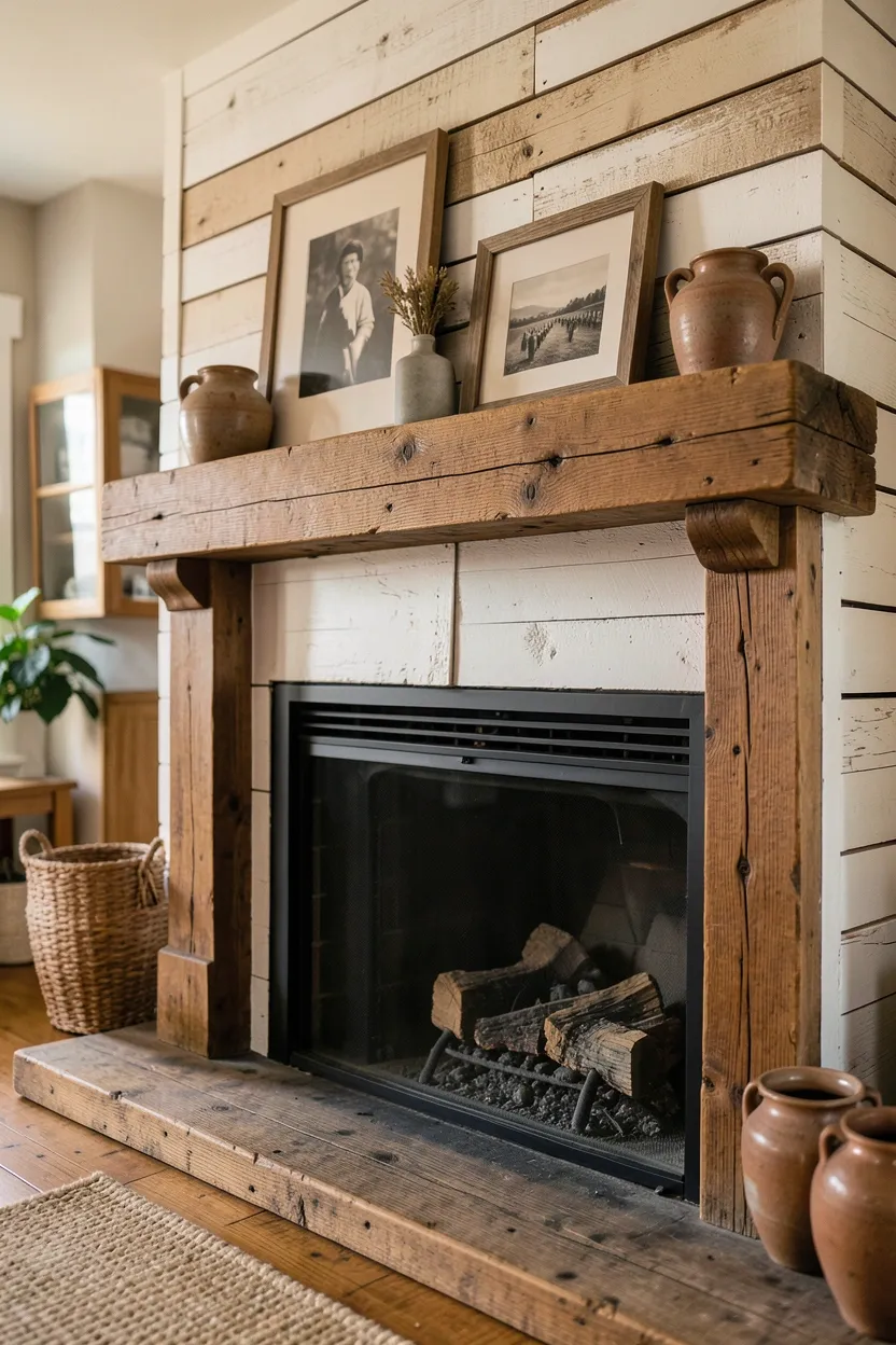 Shiplap surround farmhouse fireplace with rustic wood mantel styled with vintage ceramics and dried florals