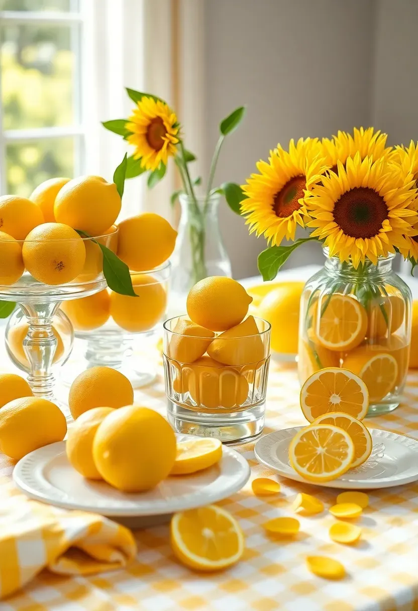 bright and cheerful lemon citrus themed baby shower decor with yellow lemons in glass bowls sunflowers gingham tablecloth and lemon-shaped cookies on white platters