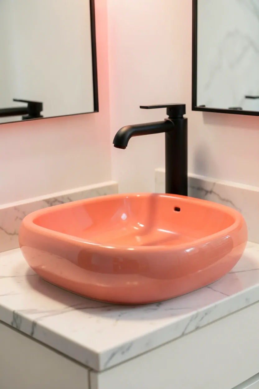 Cartoon-style round vessel sink in coral pink with a waterfall faucet on a white marble countertop
