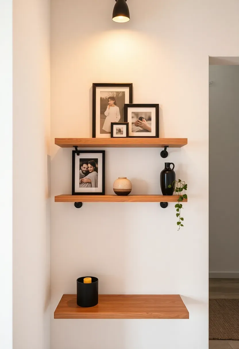 Three staggered floating oak shelves with small framed photos, ceramic vase, and plant in apartment entryway
