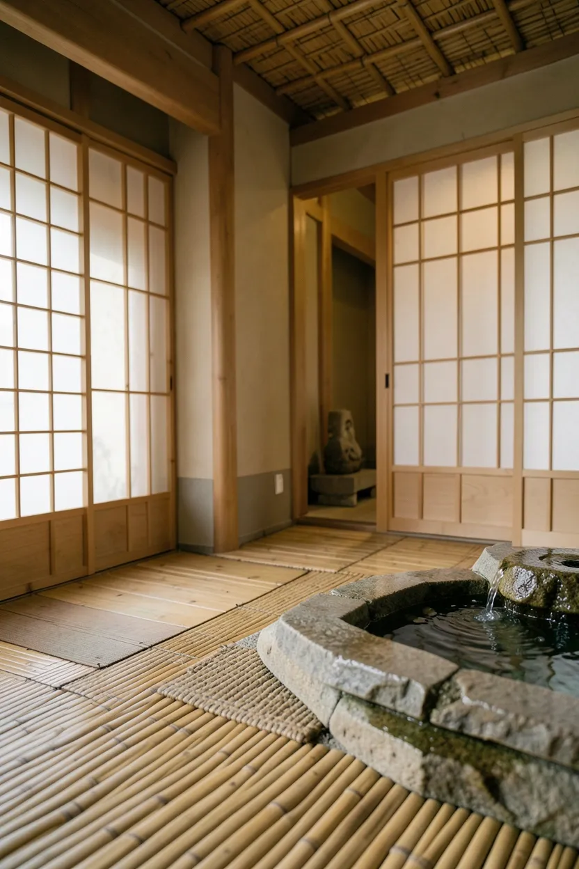 Zen home yoga studio with bamboo flooring, stone accents, shoji screen divider, meditation cushion, and aromatherapy diffuser