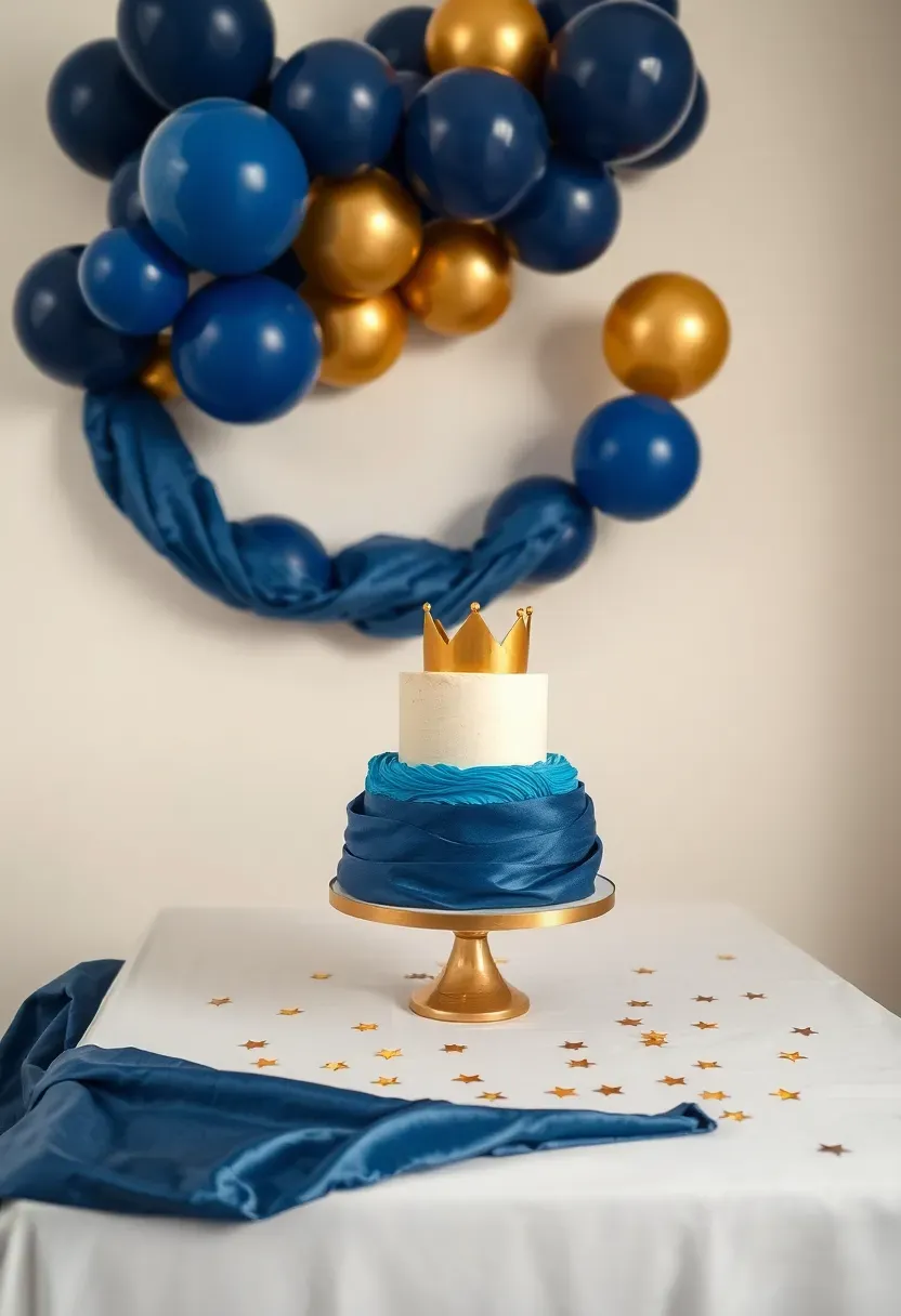 little prince royal blue baby shower dessert table with navy and gold balloon garland and crown topper cake